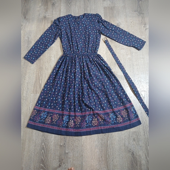 Vintage Malouf Elegant Navy Blue Printed Dress Belted Average Size 10 - Picture 1 of 9